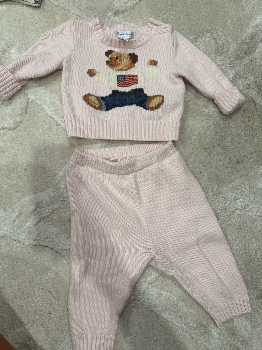 Ralph Lauren Light Pink Knit Teddy Sweater & Pants Set